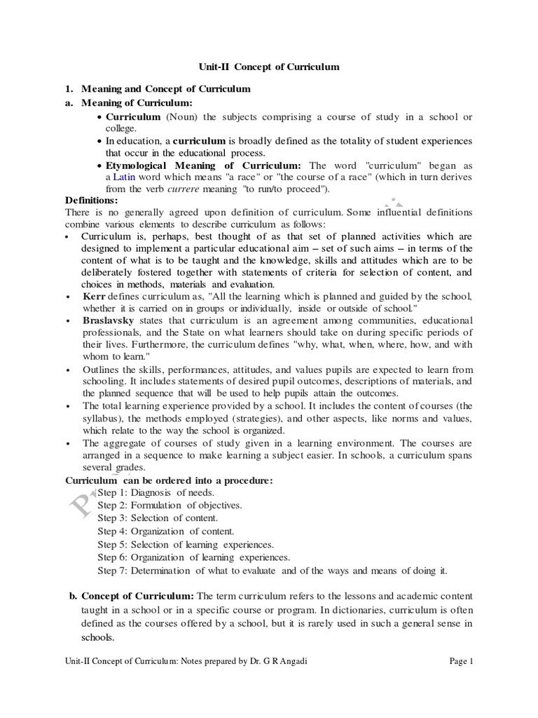 Unit-II Concept of Curriculum 1. Meaning and Concept of Curriculum A ...