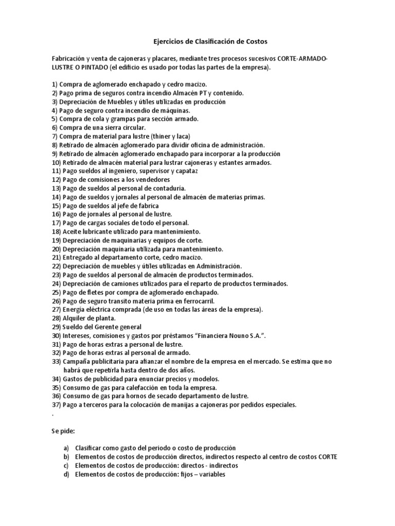 Ejercicios de Clasificación de Costos | PDF | Costo | Business
