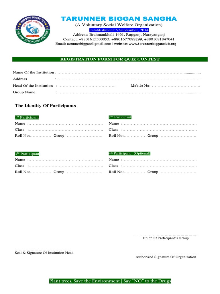 Quiz Competition Registration Form | PDF