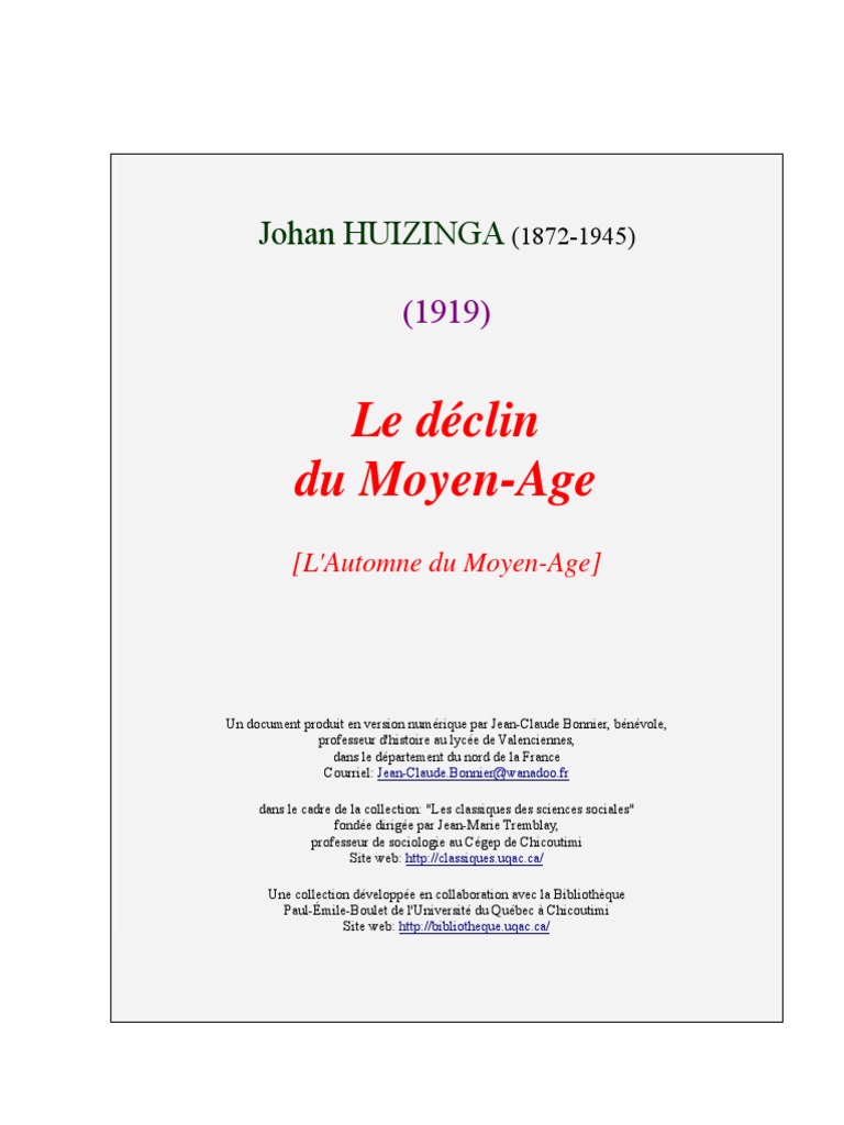 Huizinga Le Declin Du Moyen Age Pdf Religions Et Croyances