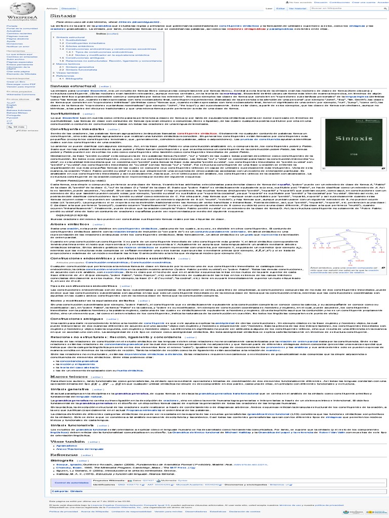 Sintaxis Wikipedia, La Enciclopedia Libre PDF Sintaxis Oración