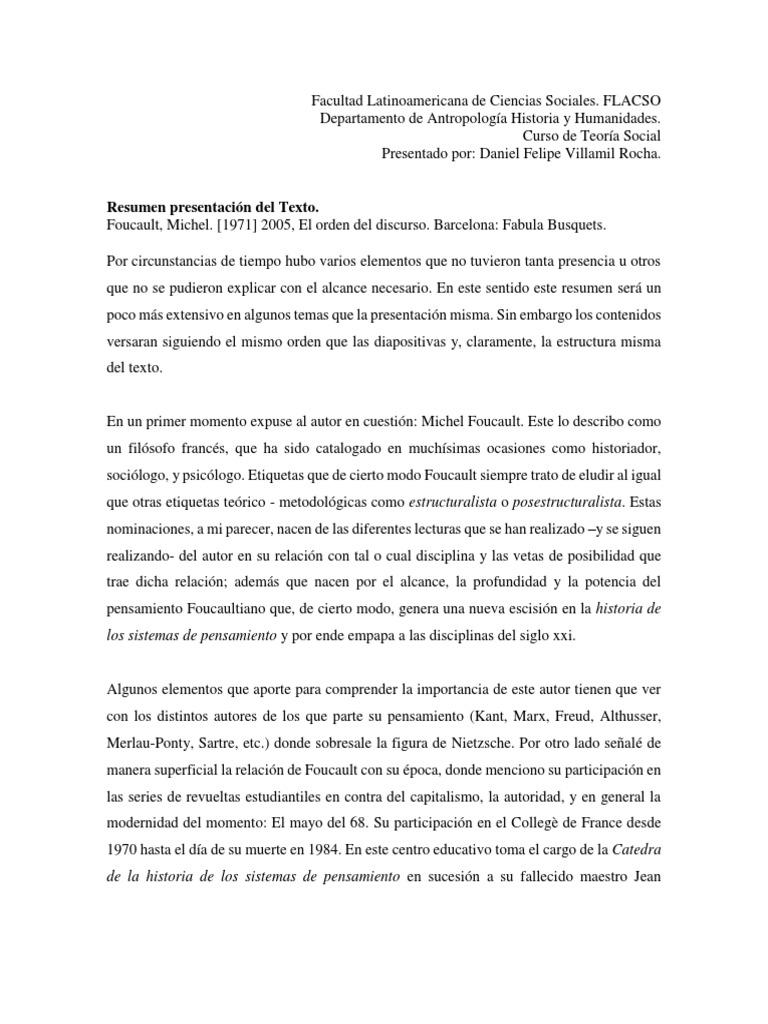 Resumen El Orden Del Discurso PDF Michel Foucault Autor