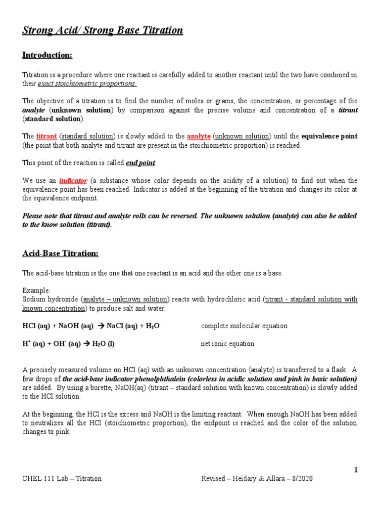Strong Acid-Base Titration Guide | PDF | Titration | Chemistry