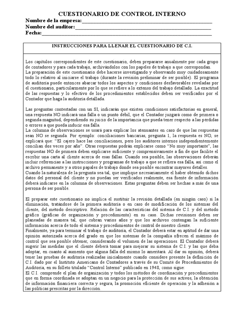 Cuestionario de Control Interno 2023 | PDF | Auditoría | Contador
