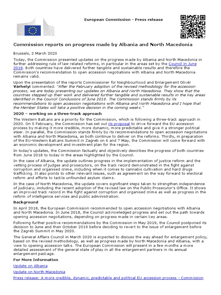 Commission Reports On Progress Made by Albania and North Macedonia