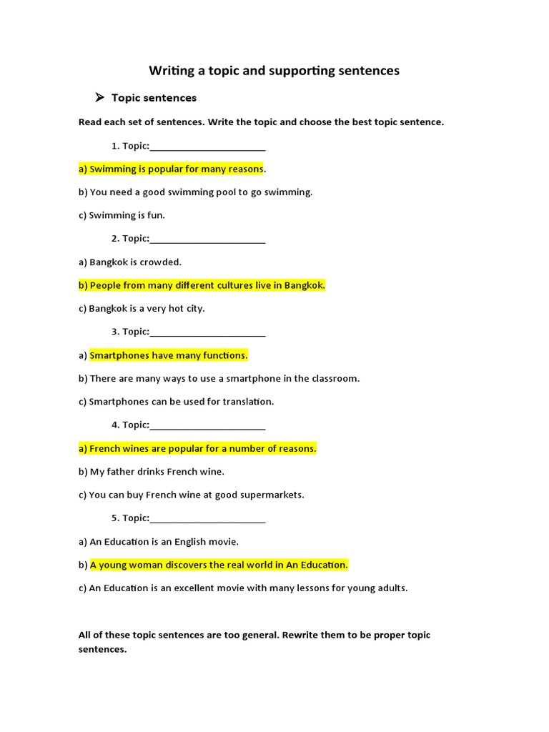 Writing A Topic and Supporting Sentences PDF Kite Compass