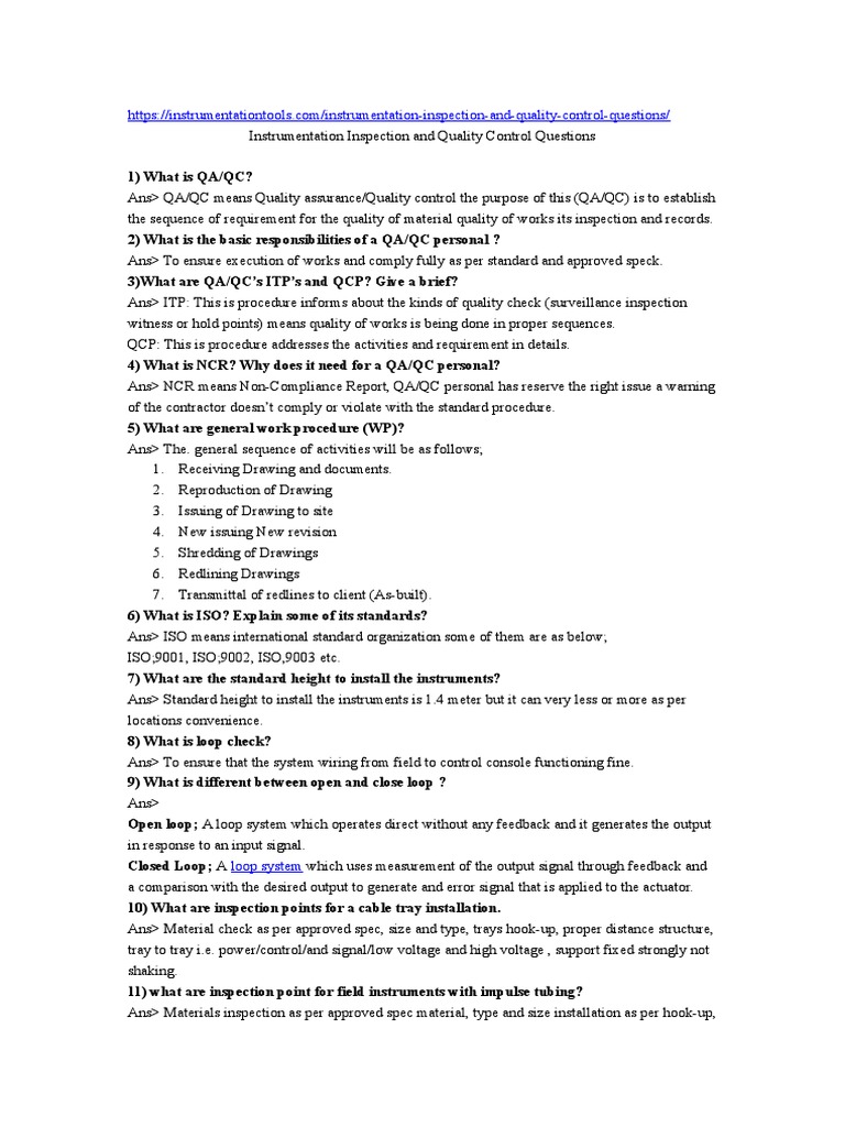 Instrumentation Inspection and Quality Control Interview | PDF ...