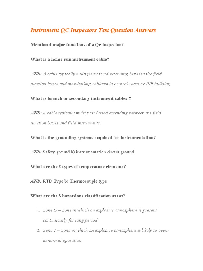 Instrument QC Inspector Exam Answers to Common Instrumentation Questions PDF Pipe (Fluid