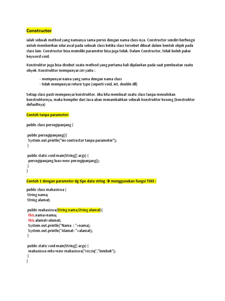 Fungsi dan Contoh Konstruktor Java | PDF