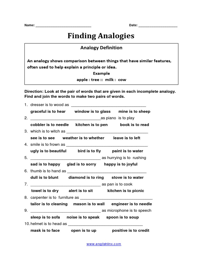 Finding Analogies Worksheet