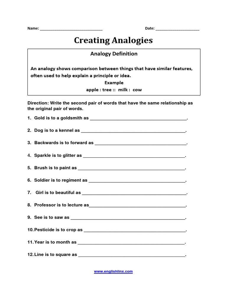 Worksheet: Examples of Analogies | LoveToTeach.org, image size:768x1024