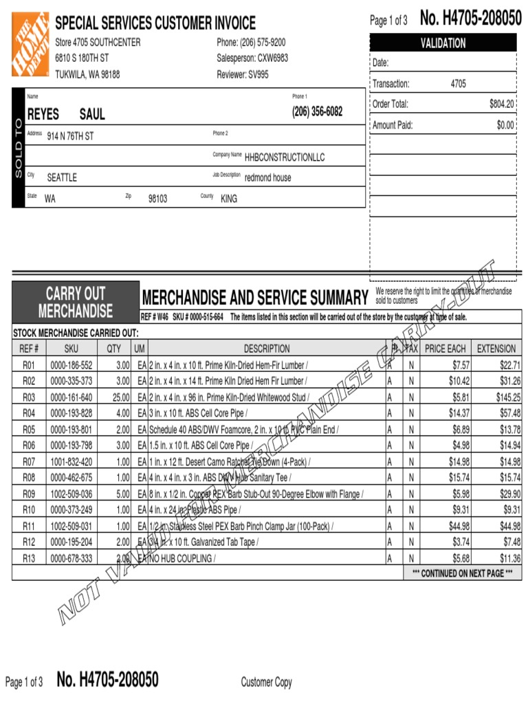 Home Depot Invoice for HHB Construction | PDF | Pipe (Fluid Conveyance ...