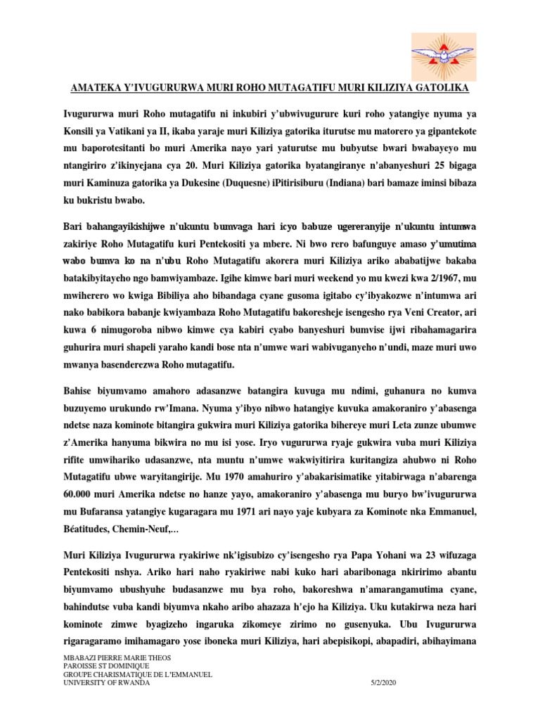 Amateka Y Ivugururwa Muri Roho Mutagatifu Pdf