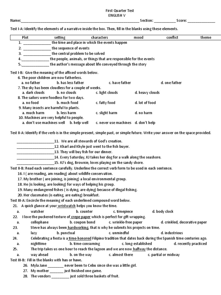 First Quarter Test in Eng. V | PDF | Foods
