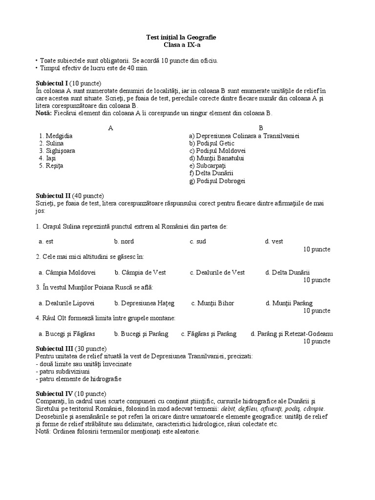 Test Initial Geografie Clasa A Ixa | PDF