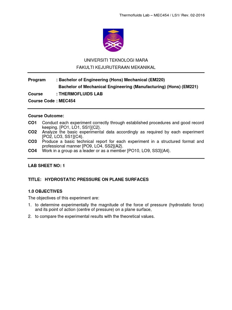 Hydrostatic Pressure On Plane Surface Pdf Pressure Experiment