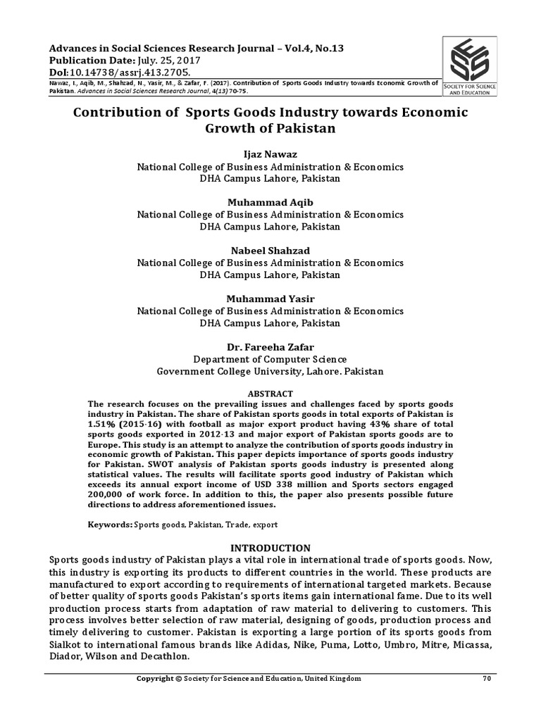 Contribution of Sports Goods Industry Towards Economic Growth of