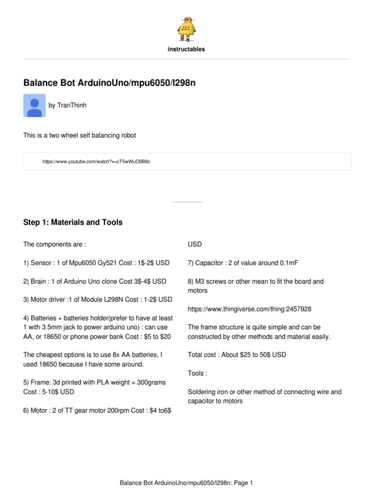 Balance Bot ArduinoUno/mpu6050/l298n DIY Self Balancing Robot | PDF