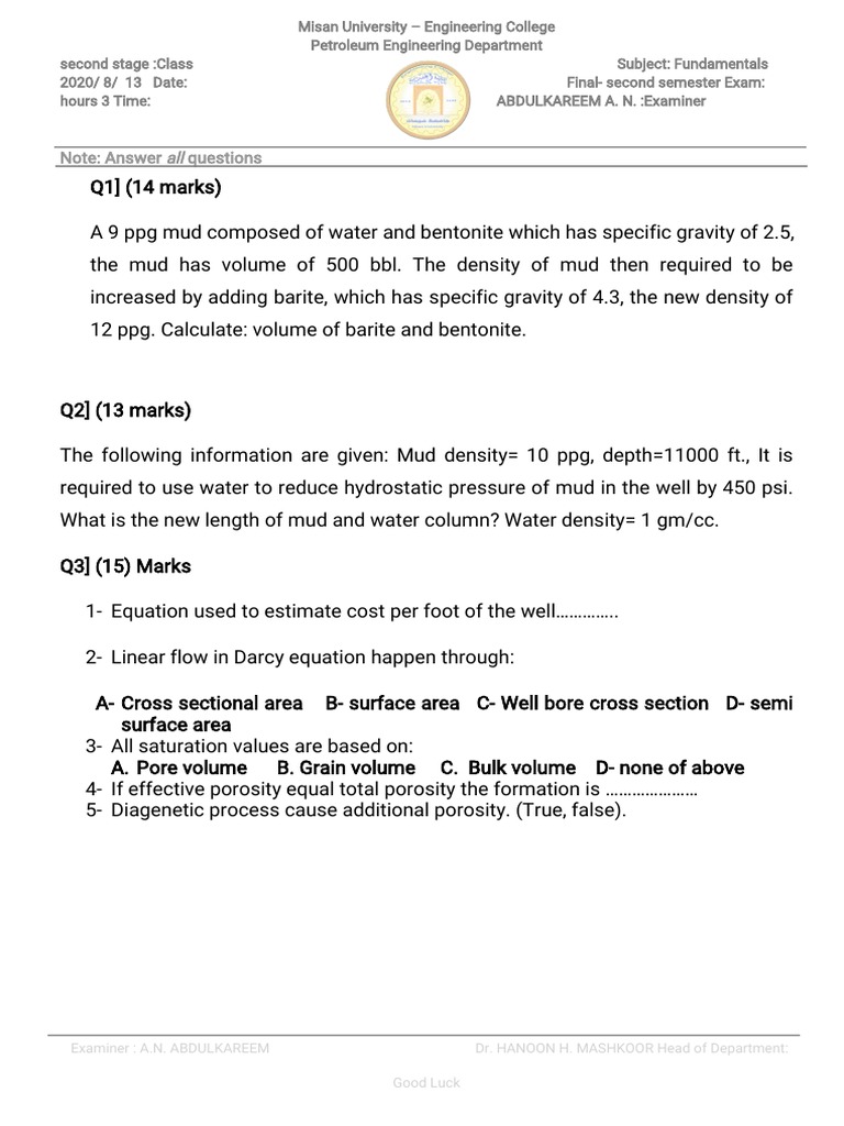 Petroleum Engineering Exam Questions | PDF