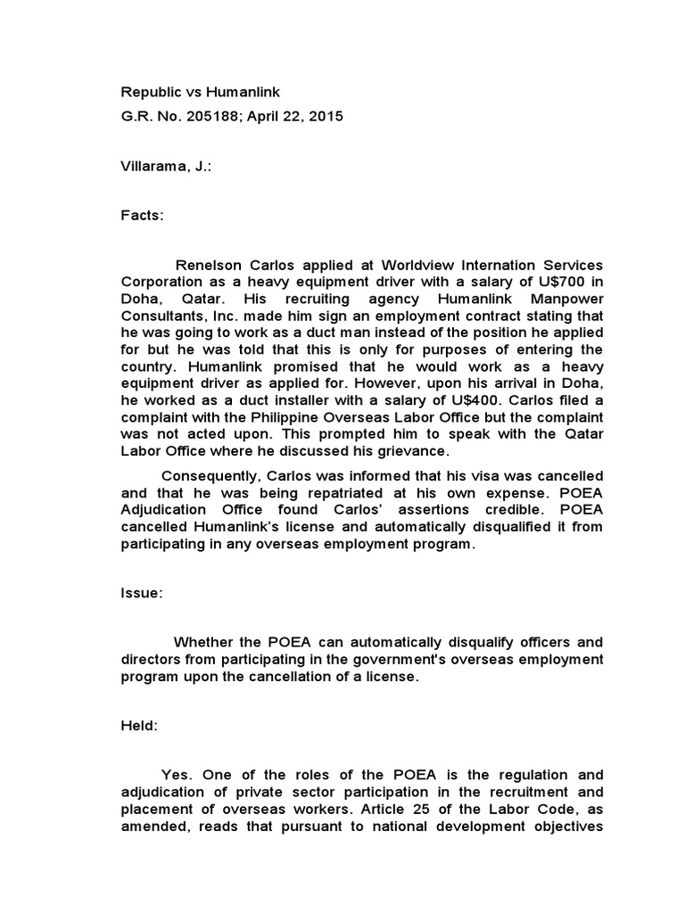 Labor Recruitment Case POEA Has Authority to Automatically Disqualify