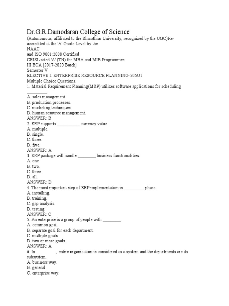 Erp Full MCQ PDF Enterprise Resource Planning Data Warehouse