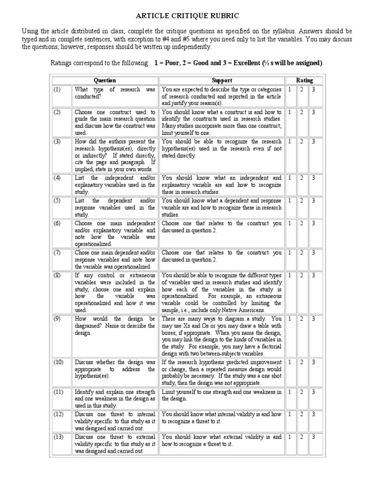Article Critique Evaluation Rubric | PDF | Dependent And Independent ...