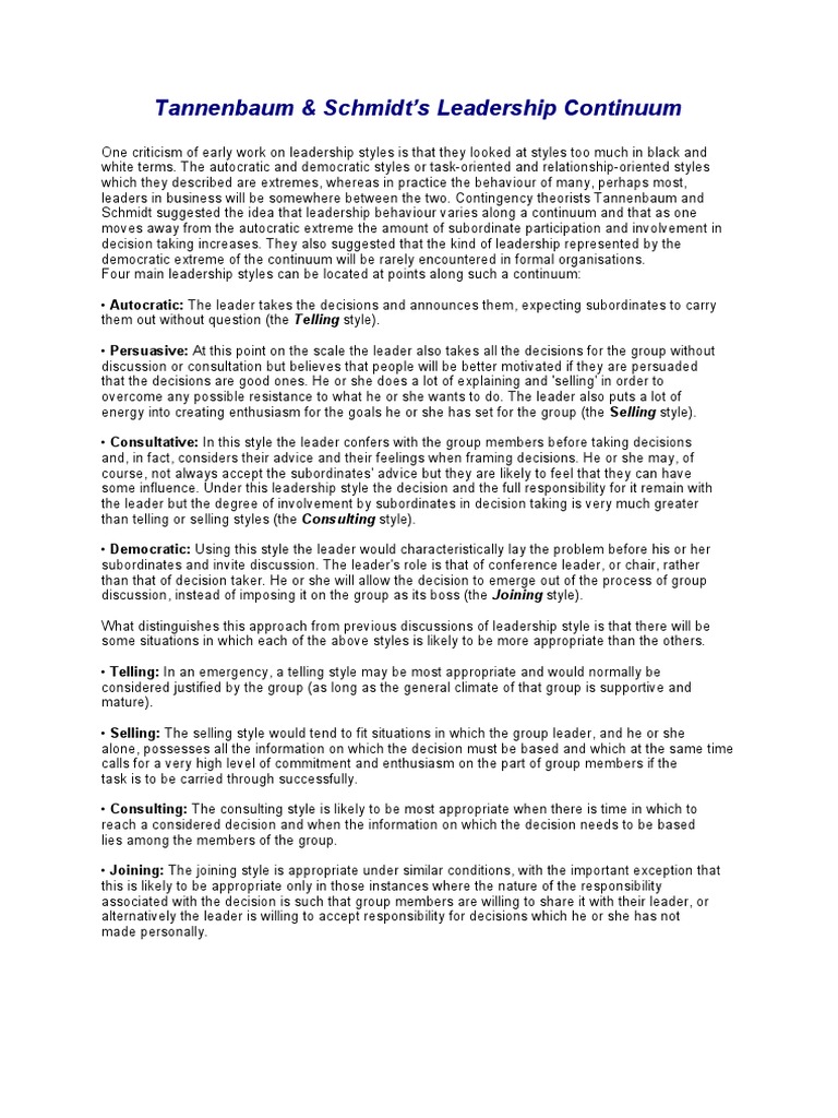 Tannenbaum Schmidt S Leadership Continuum Download Free Pdf