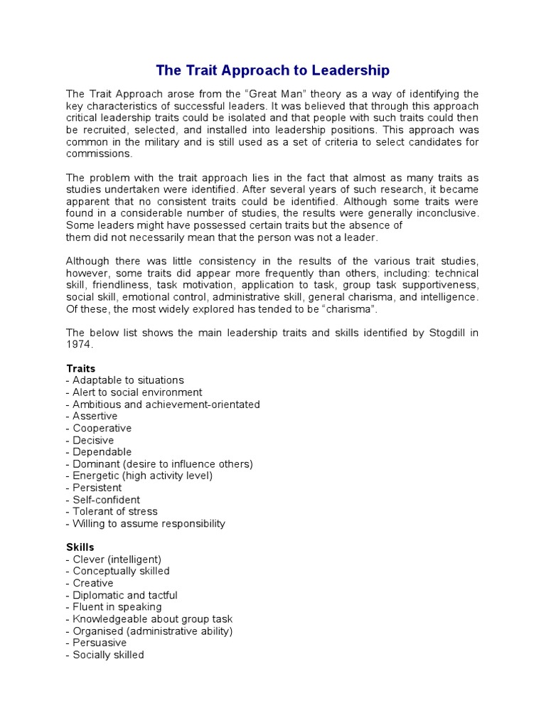 Key Traits in Leadership Approach | PDF | Self-Improvement | Science ...