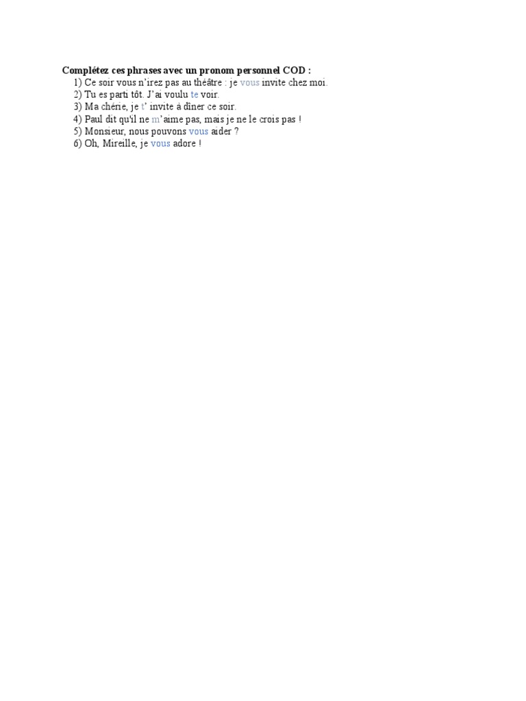 Exercices sur les pronoms personnels COD | PDF | Mystère, thriller et ...