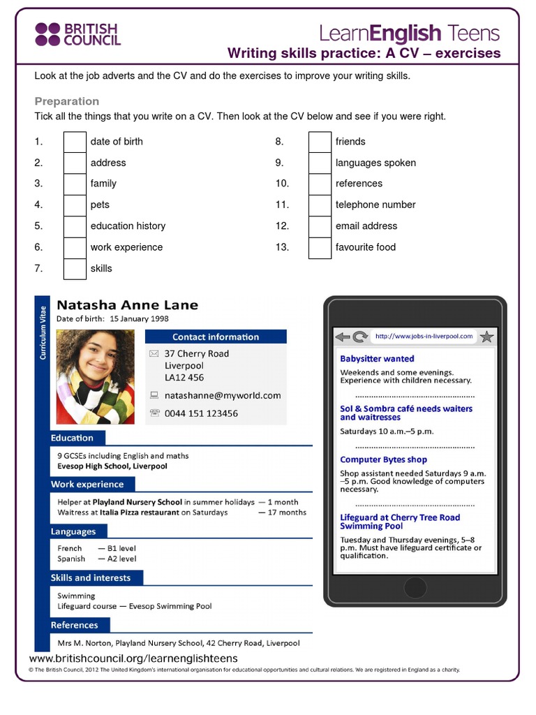 Writing Skills Practice A CV Exercises Preparation PDF Behavior