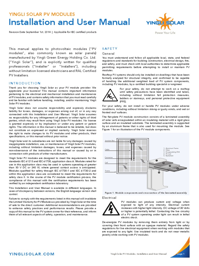 Installation and User Manual: Yingli Solar PV Modules | PDF | Solar ...