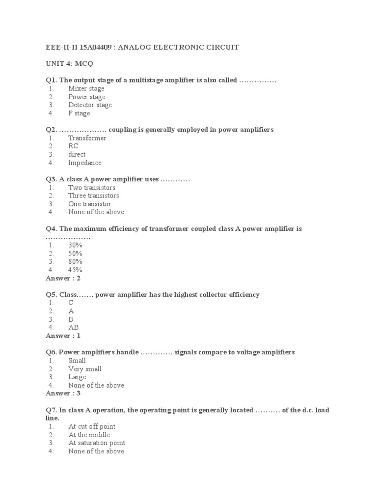 Unit 4 MCQ PDF Amplifier Electronic Circuits