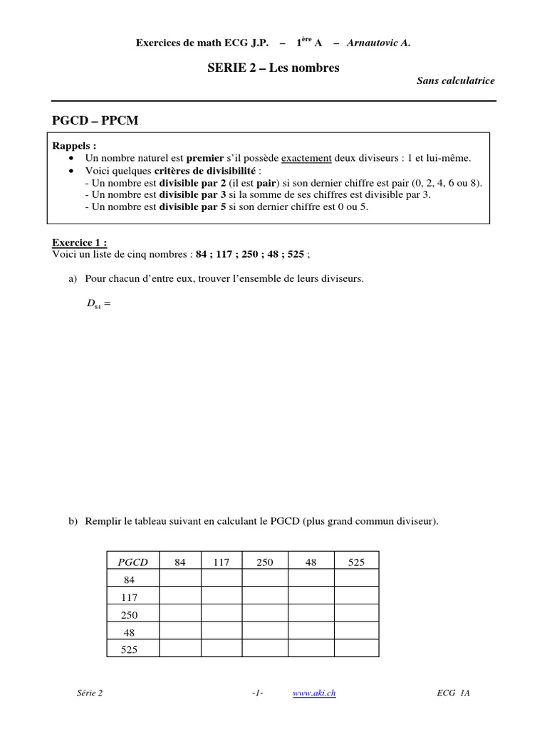 Pgcd Ppcm Pdf , PGCD : cours, exercices et corrigés pour la troisième ...