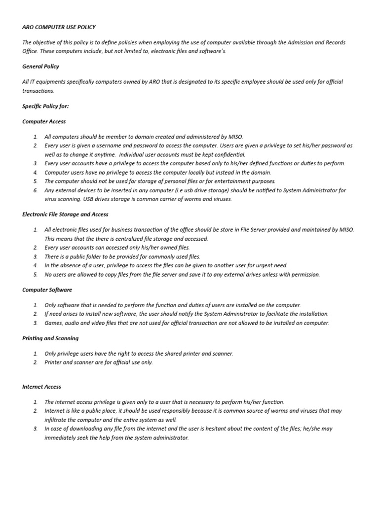 Aro Computer Use Policy PDF Computer File Computer Virus