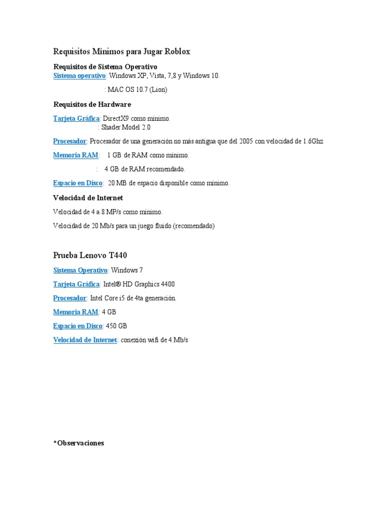 Requisitos Mínimos para Jugar Roblox | PDF | Ingeniería Informática | Hardware de la computadora