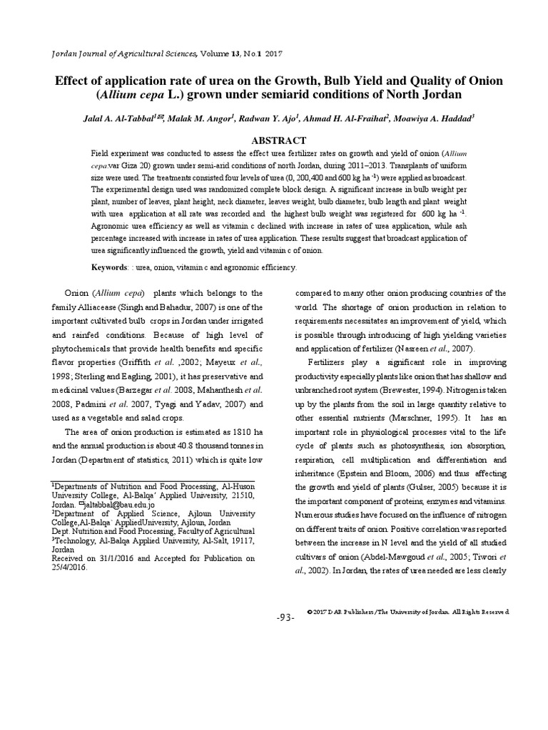 Effect of Application Rate of Urea On The Growth, Bulb Yield and