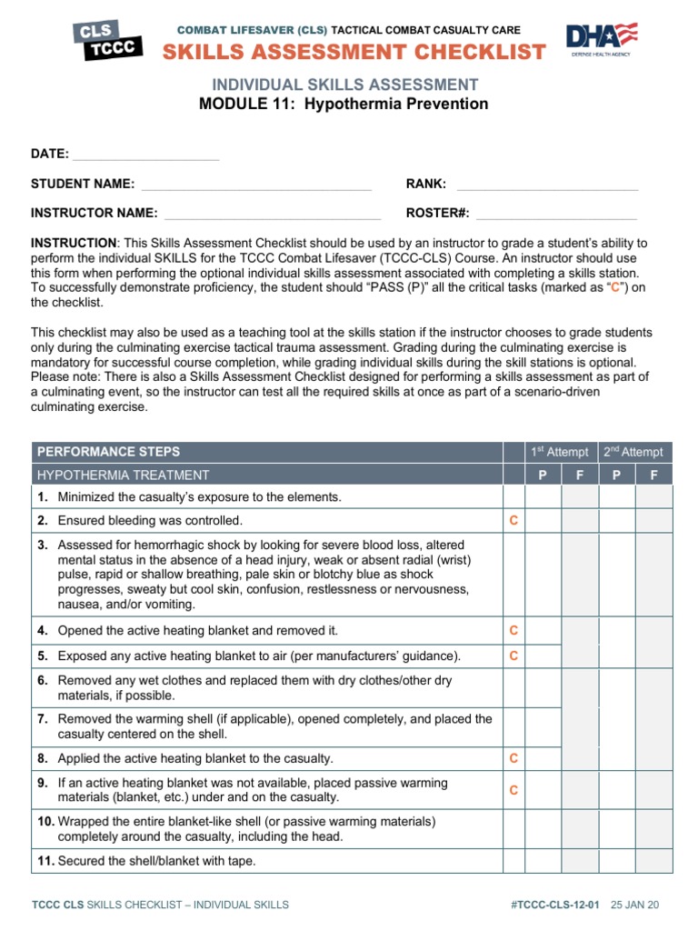 TCCC CLS Skills Assessment Checklist | PDF | Hypothermia | Human ...