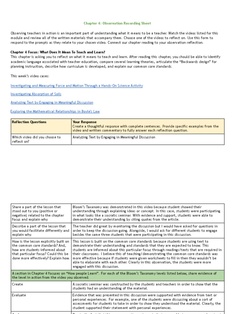 Chapter 4 Observation Recording Sheet Chapter 4 Focus What Does It