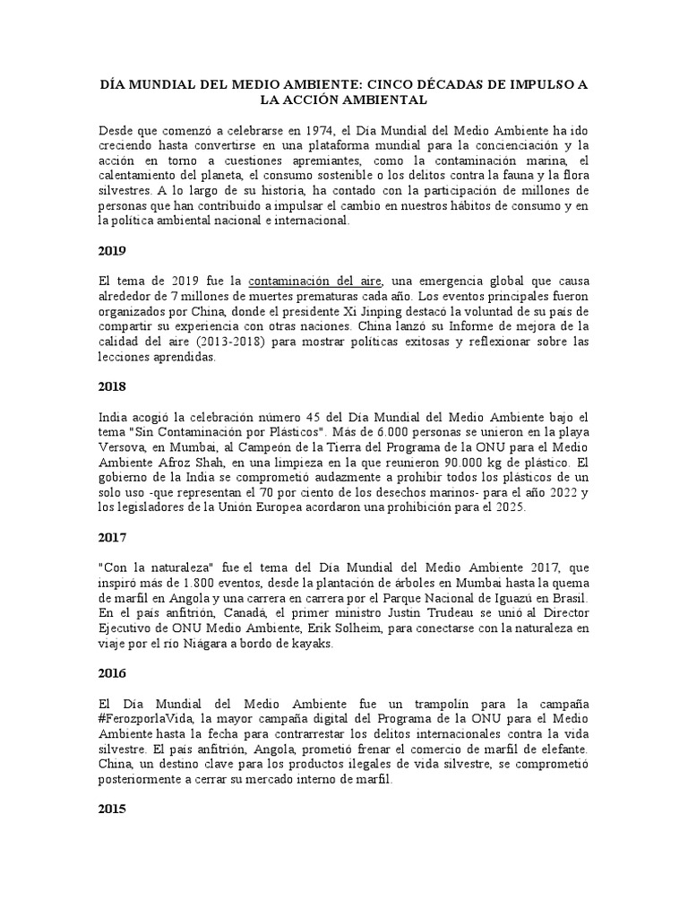 Día Mundial Del Medio Ambiente | PDF | Entorno natural | Naciones Unidas