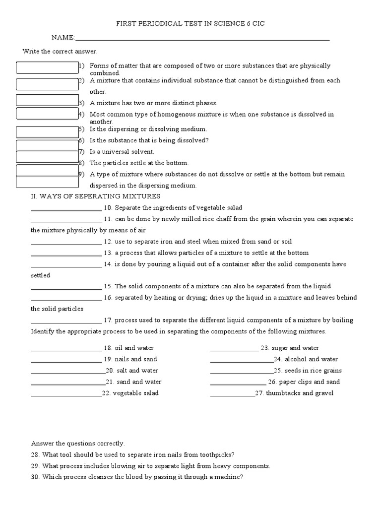 Science 6 Mixture Separation Test | PDF | Mixture | Liquids