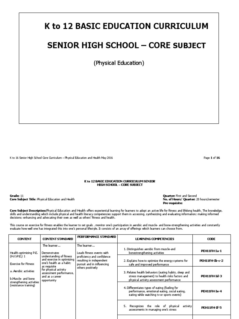 SHS Core Curriculum: PE and Health Guide | PDF | Physical Education ...