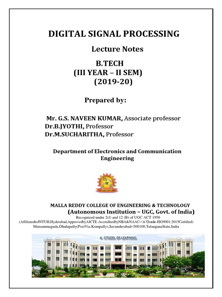 DIGITAL SIGNAL PROCESSING Note PDF PDF Digital Signal Processing