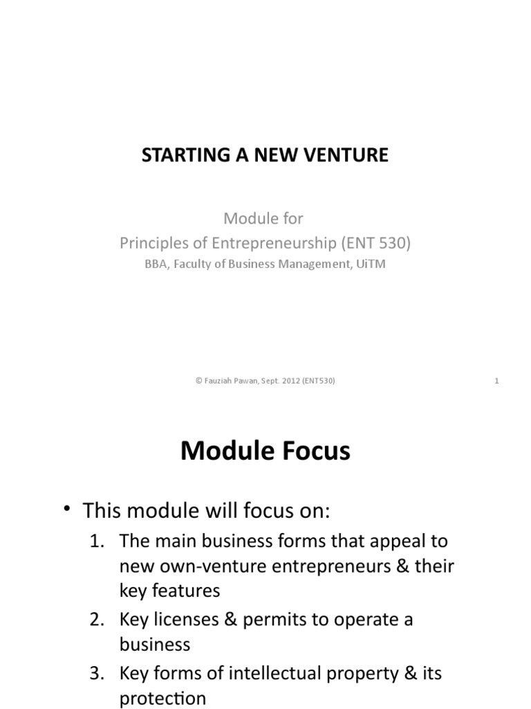 Topic 6 STARTING A NEW VENTURE (ENT530) PDF Partnership Patent