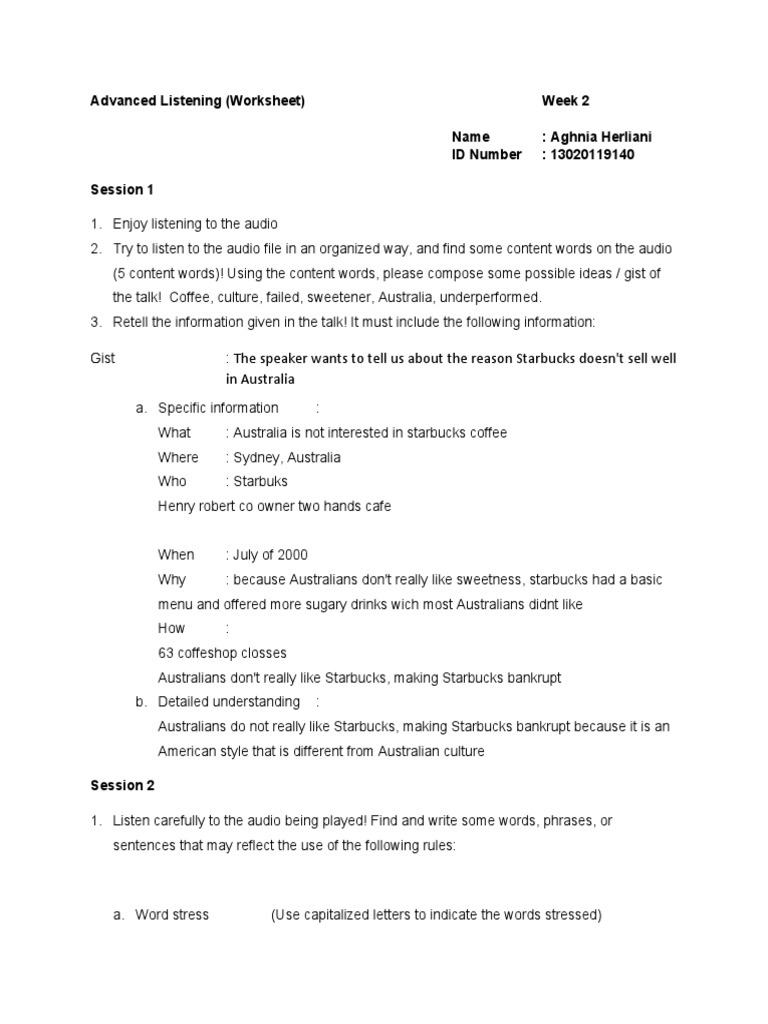 Advanced Listening (Worksheet) Week 2 Name: Aghnia Herliani ID Number ...