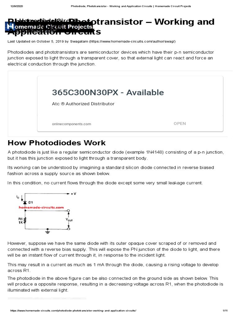 Photodiode, Phototransistor - Working and Application Circuits
