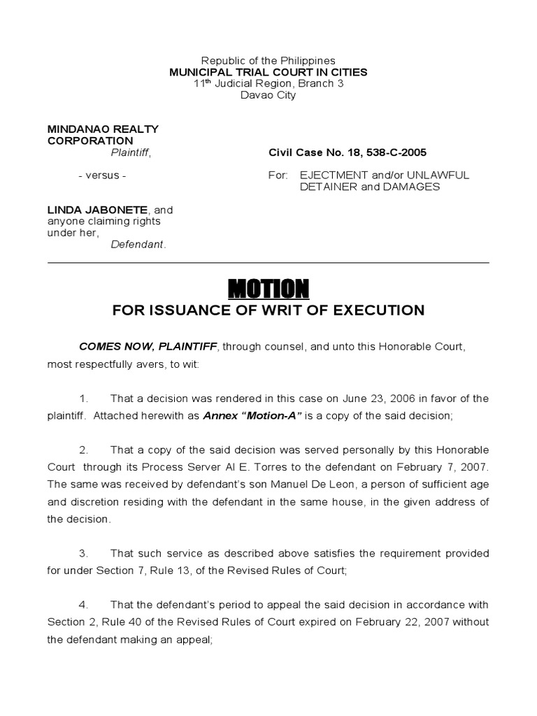 Motion For Execution - Mrc-Jabonete | PDF | Lawsuit | Social Institutions