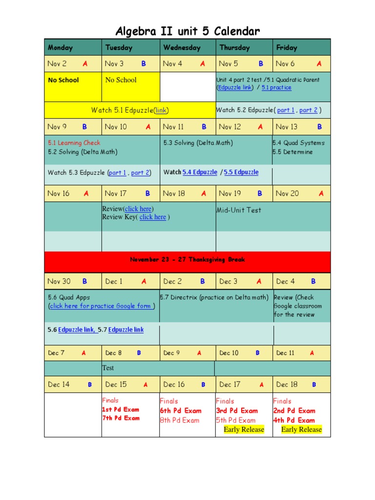 Alg 2 Unit 5 Calendar PDF