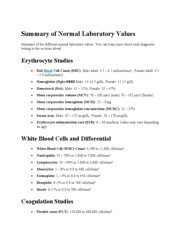 Summary of Normal Laboratory Values | PDF | White Blood Cell | Magnesium