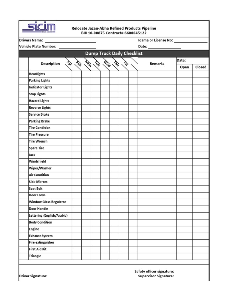 Dump Truck Daily Inspection Checklist | PDF