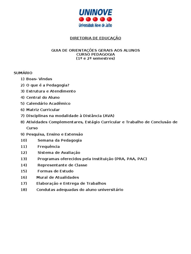 Guia do Aluno: Curso de Pedagogia UNINOVE | PDF | Lição | Pedagogia